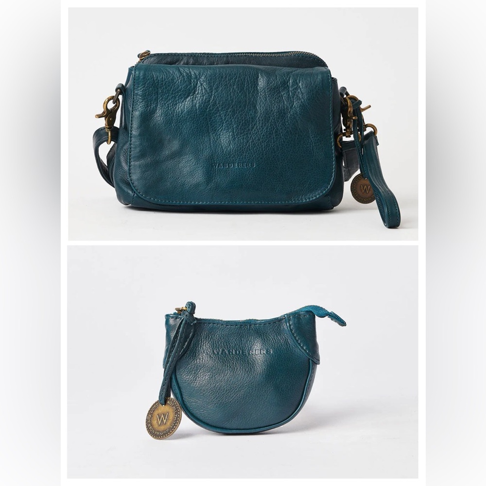 Wanderers Trieste Leather Crossbody Bag Santorini Card Wallet Azzurra Dark Teal